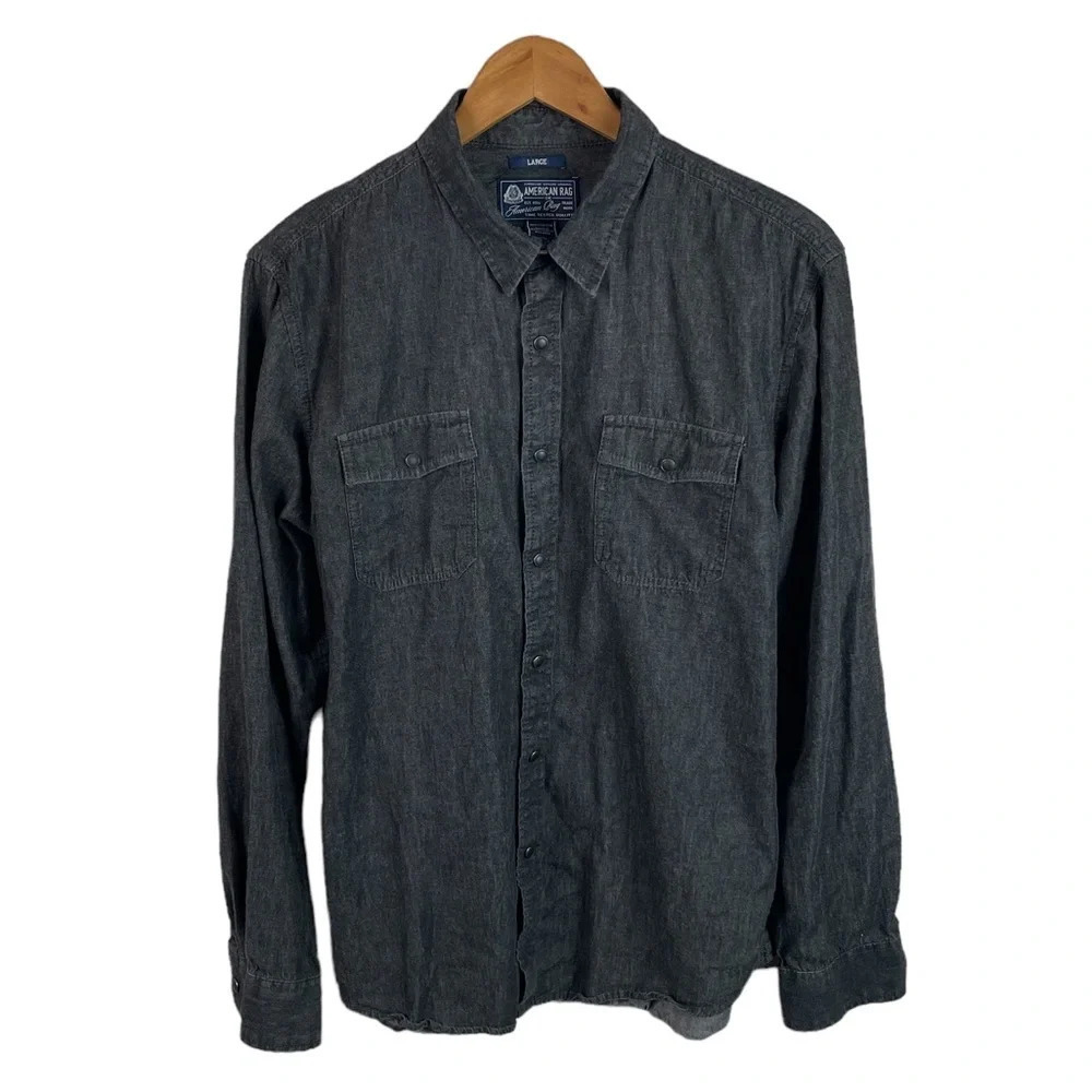 BF256 Mens American Rag Cie Denim Chambray Pearl Button Snap Shirt L